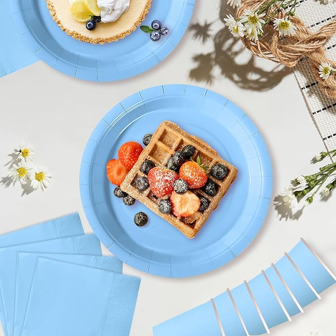 Light Blue Party Plates Set, 120-Piece Disposable Dinnerware for 40 Guests, Heavy-Duty 7-inch Paper Plates, Cups & Napkins for Baby Shower Boy, Pool Party, Nautical Theme, Summer