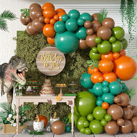Dinosaur Balloon Arch, Dinosaur Balloon Garland Kit, Retro Green Orange Brown Balloons with Dinosaurs Foil Balloon for Dino Themed Party Decorations Jungle Safari Birthday Party Supplies