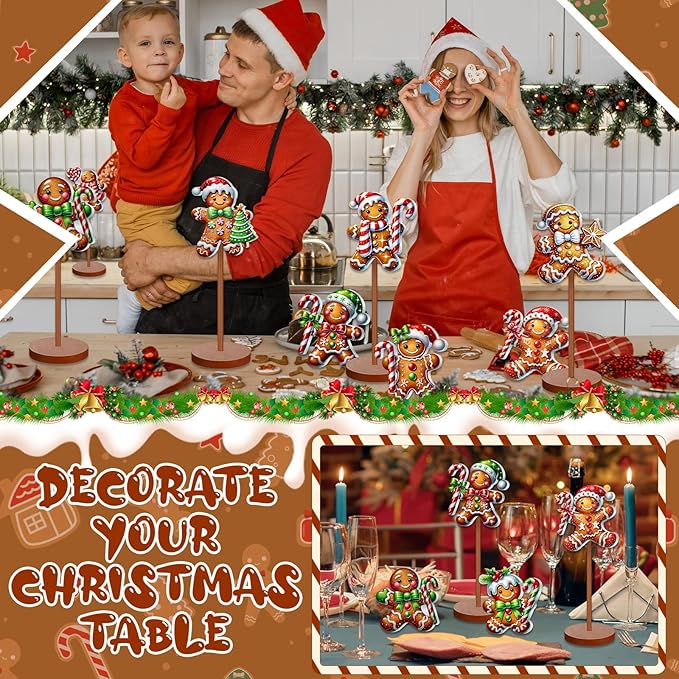 Geelin 10 Pcs Christmas Gingerbread Table Decoration Wooden Gingerbreads Centerpiece for Table Gingerbreads Theme Birthday Party Decor Gift for Xmas Holiday Winter Desk Home Office Party Decor