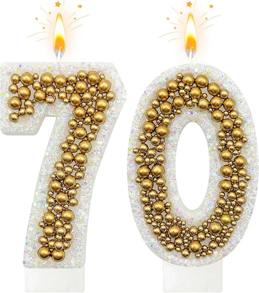 70 Birthday Number Candle for Cake, Glitter Number Candle with Gold Beads, Decorative Cake Topper for Milestone Celebrations