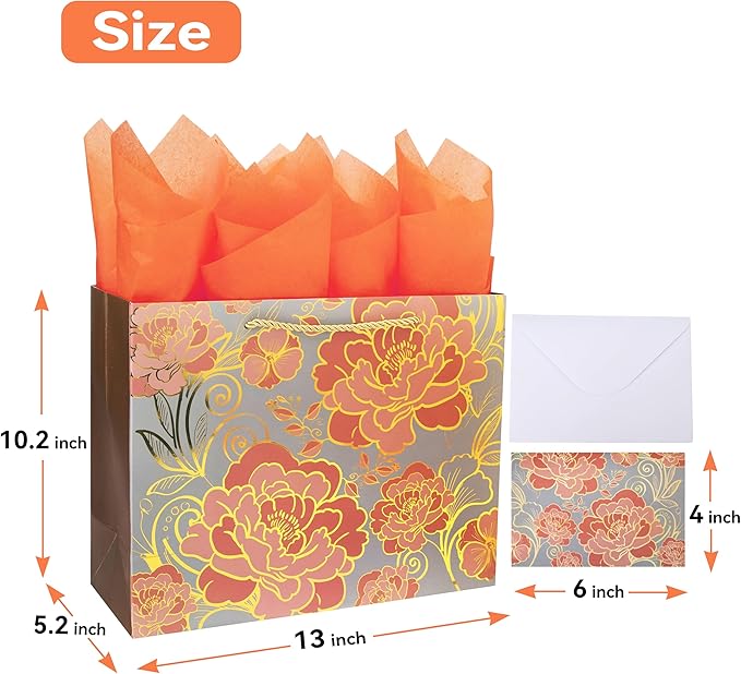 13" Large Rose Gold Gift Bag Set with Greeting Card and Orange Tissue Paper for celebrating birthdays,Mother's Day,Christmas,weddings,anniversaries,and more-13"x10.1"x5.2",1 Pcs.