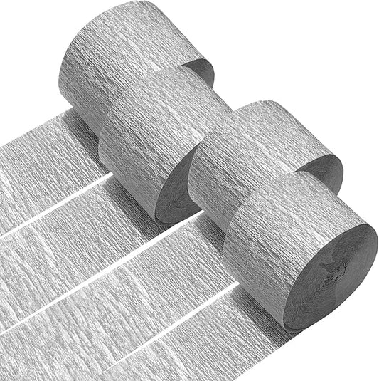 4 Crepe Paper Streamers Rolls, 328ft Silver Crepe Paper for Happy New Year Decorations Birthday Wedding Baby Shower Party Decorations (1.8 inch x 82 ft/Roll)