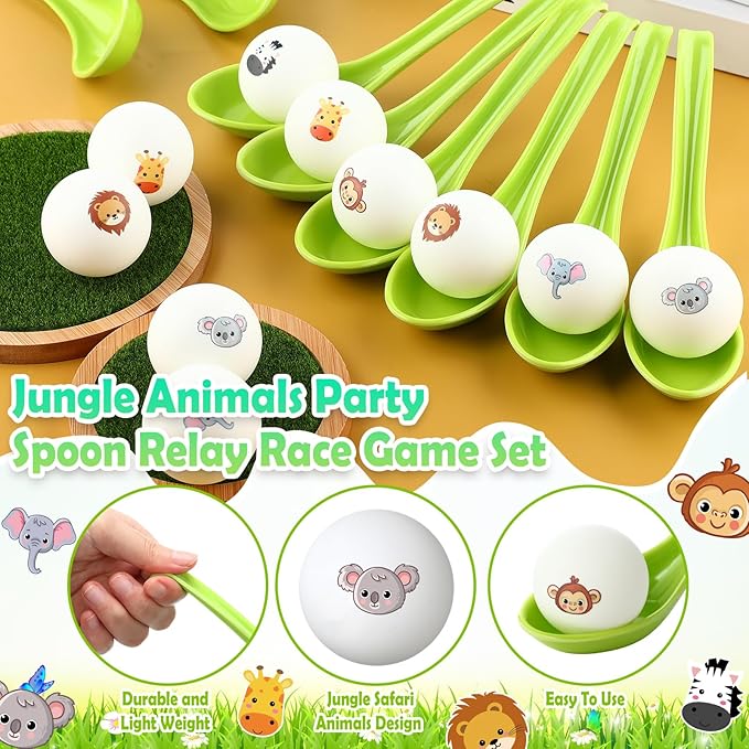 JellyArch 12 Pack Jungle Animals Games Safari Spoon Relay Race Easter Egg and Spoon Race Game Jungle Animal Decorations for Birthday Party Favors Supplies Indoor Outdoor Activities