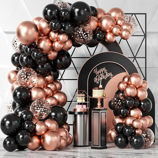 Bezente Rose Gold Black Balloons Garland Kit, 100Pcs Metallic Chrome Rose Gold Black and Rose Gold Confetti Balloons Arch for Wedding, Birthday, Graduation, Baby Shower Party Decoration