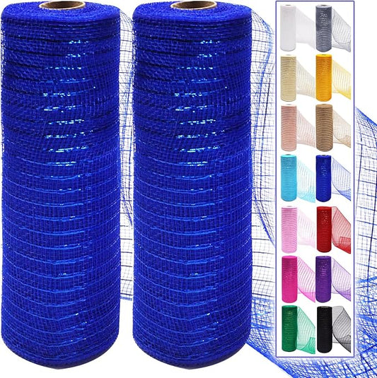 2 Pcs Deco Mesh Ribbon Rolls 10 Inch 10 Yards(30 ft) Decorative Mesh Fabric with Foil for Wreaths Christmas Tree Ribbon Door DIY Craft Halloween Decor Wedding Party Supplies (Royal Blue, 2Pcs)