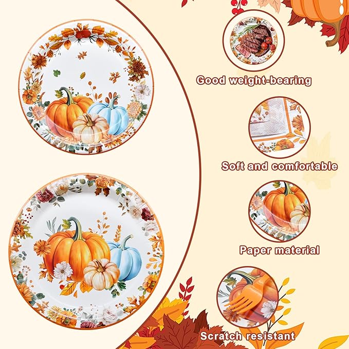 96 Pieces Thanksgiving Pumpkin Tableware Set ??Rustic Sunflower and Pumpkin Disposable Plates, Napkins, and Forks for Fall Dinners, Friendsgiving, Harvest Parties ??Serves 24 Guests