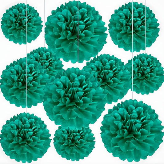 20 PCS Blue Green Tissue Paper Pom Poms, Tissue Pom Poms Flowers, Sizes of 6", 10", 12", 14" Hanging Paper Flower Ball for Wedding, Birthday, Halloween, Christmas, Baby Shower Party Decor