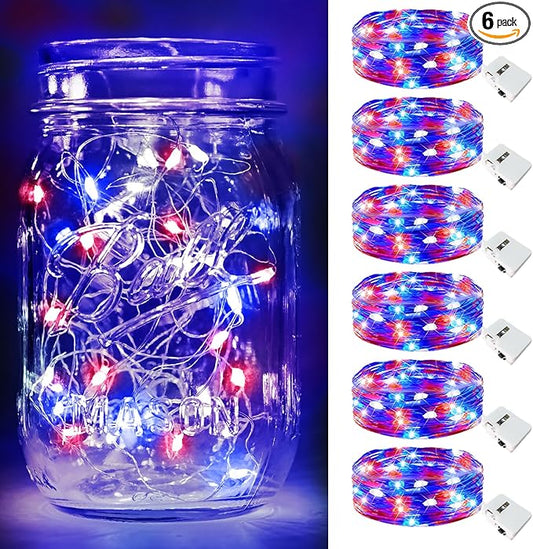 btfarm 4th of July Patriotic Fairy Lights Battery Operated, 6 Pack Red White Blue 3 Modes Twinkle String Lights, 7ft 20 Led Independence Day Mini for Mason Jars Vases Table Centerpiece Decorations