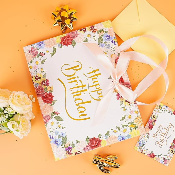 Jaywayang Large Happy Birthday Gift Bag with Card Envelope and Tissue Paper for Women Girls - 12.6"x10"x5.1" Floral Design with Ribbon Handles.