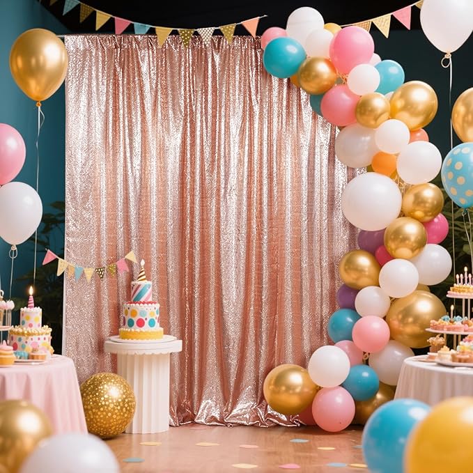 SquarePie 5x7ft Rose Gold Sequin Backdrop, High Density Non-Transparent Glitter Curtain for Photography, Birthday, Wedding Party Decorations, Thick Solid Background with 4" Rod Pocket, 1 Panel