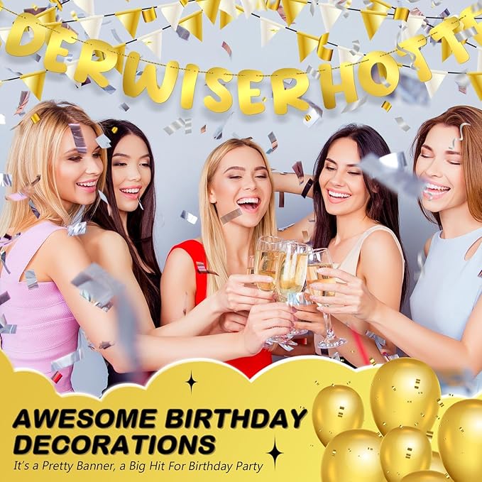 Fulmoon Set of 3 Pre Strung Older Wiser Hotter Glitter Banner Funny Birthday Banner for Women 30th 40th 50th 60th 70th 80th Birthday Party Decorations Sign Gift(Bright Gold)