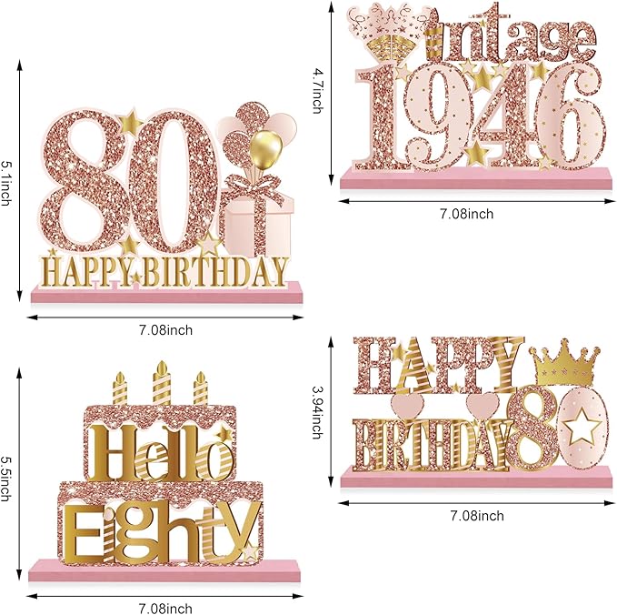 4 Pieces 80th Birthday Vintage 1946 Wooden Table Centerpieces Decoration for Women, Pink Rose Gold Happy 80 Birthday Table Sign Party Supplies, Hello Eighty Year Old Bday Table Decor