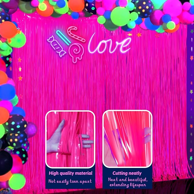 Glow in The Dark Party Supplies 2 Pack Neon Party Decorations Fluorescent Tinsel Foil Fringe Curtains Photo Booth Prop Backdrop Streamer Blacklight Decorations (Neon Hot Pink)