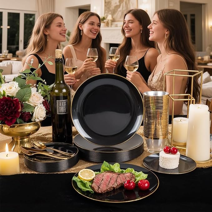 WDF 300PCS Black and Gold Plates - Black Plastic Plates for Party - 50 Guest Disposable Dinnerware Sets for Party/Wedding/Graduation/Memorial Day