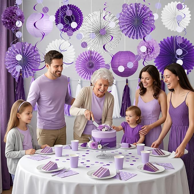 MEIDUO 34 Pcs Purple Decorations for Party, Hanging Paper Lanterns Fans Pom Poms Set, Purple and White Graduation Decorations, Lavender Birthday Decorations for Women Girls