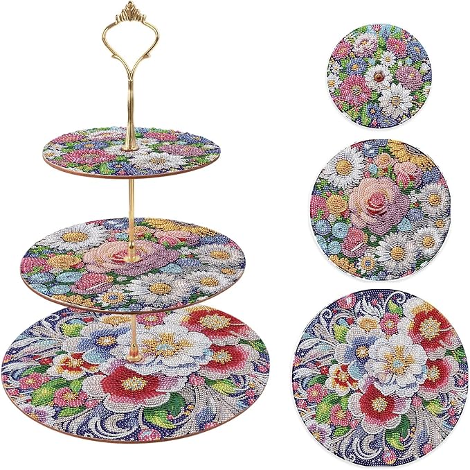 DoxQcs 3 Tier Wooden Diamond Art Painting Cake Cupcake Display Stand Round Cupcake Stand Dessert Tower Pastry Tray Platter for Tea Party Wedding Birthday-Flowers-2