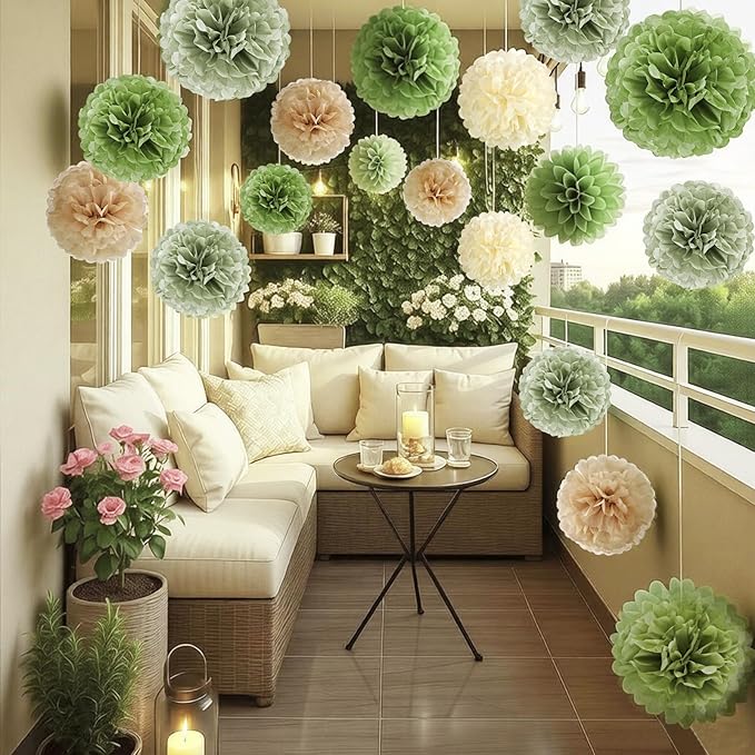 Olive Sage Green Tissue Paper Pom Poms Safari Jungle Party Decorations Paper Flowers Decorations Natural Green Boho Hanging Décor for Birthday Baby Shower Bridal Wedding Party Supplies