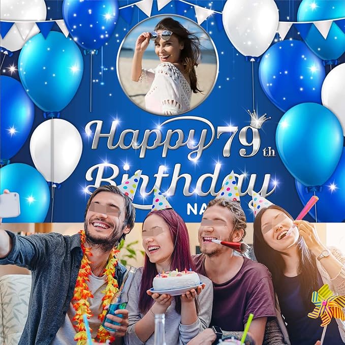 Custom Happy 79th Birthday Decoration Banner - Personalized Navy Blue Birthday Party Banner in Large Sizes-Custom Photos and Names