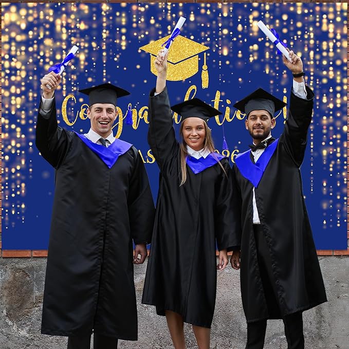 Mocsicka Class of 2026 Backdrop Blue Gold Glitter Bokeh Graduation Party Background 2026 Congrats Grad Prom Party Cake Table Decoration Photo Booth Props (8x6ft)