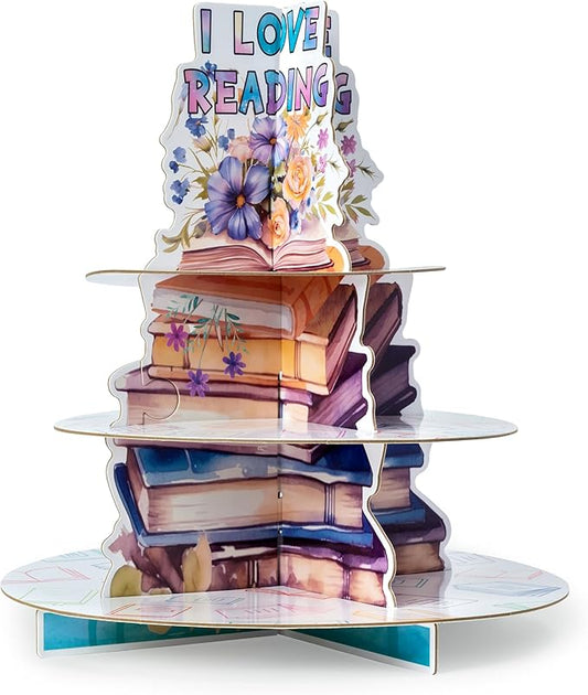 Haooryx Book Watercolor Cupcake Stand - 3-Tier I LOVE READING Watercolor Cupcake Tower Cardboard Dessert Holder Cake Stand Serving Tray for Book Club Event School Home Birthday Party Decor Supplies