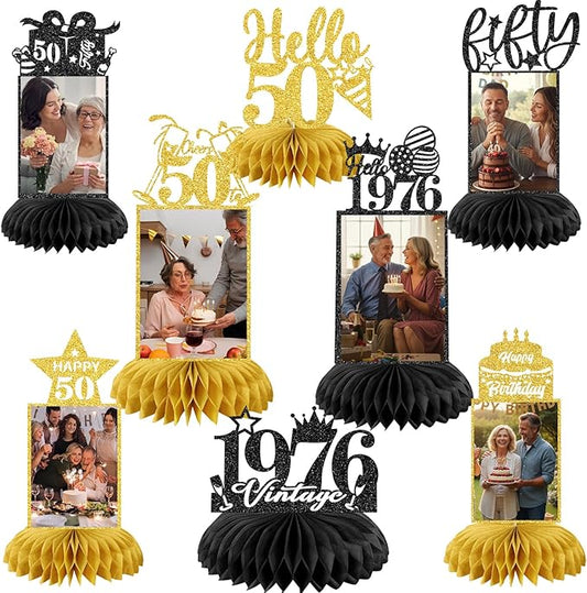 8Pcs 50th Birthday Decoration for Men Women 50th Birthday Table Decorations Cheers to 50th Birthday Honeycomb Centerpieces Table Topper Black and Gold 50th Birthday Party Favors
