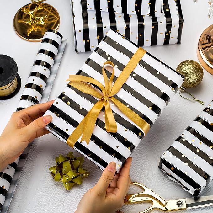 MAYPLUSS Stripe Wrapping Paper, Black and White Striped Wrapping Paper, Chic Black & White Stripes with Gold Speckles Birthday Gift Wrap for Father's Day, Graduations, Christmas (17 Inch X 33 Feet)