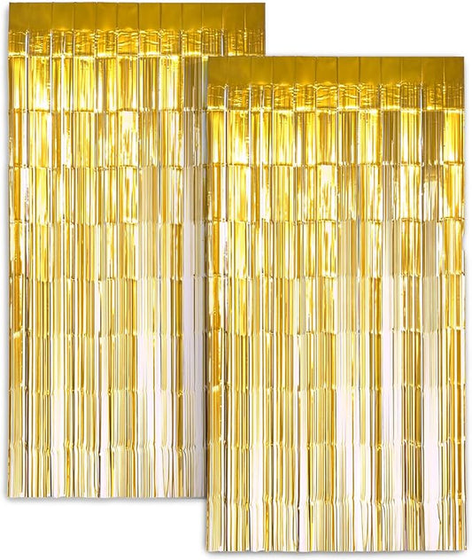 Zink 2 Pack 3.28 Ft x 6.56 Ft Gold Foil Curtain Backdrop - Tinsel Streamers for Photo Booth, Birthday Party, Wedding, Graduation, Holiday Decorations