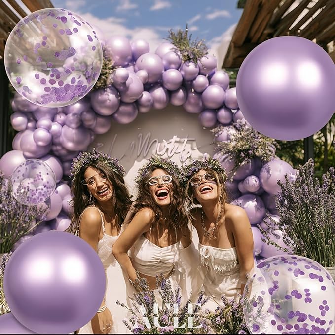 AULE Party Balloons Pack of 42 - Metallic Lavender Balloons and Confetti Latex Helium Balloons With 64ft Ribbons - 12 Inch Lilac Chrome Balloon Decoration Set