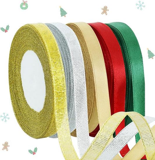 TONIFUL 5 Colors Christmas Ribbon 3/8 Inch x 125 yds Thin Satin Ribbon Rolls with Glitter and Solid Color for Gift Wrapping Crafts Bows Ornaments Hanging Christmas Tree Decorations