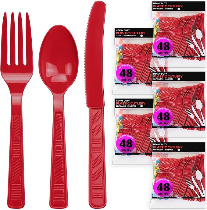 DecorRack Plastic Cutlery Set, Red Colored Plastic Silverware Sets for Parties, 240 Piece Bulk Heavy Duty Utensils (Red, 240 Pieces)