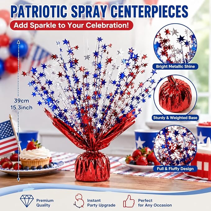 4 Pack Metallic Foil Spray Centerpiece Stars for Wedding, Birthday, Anniversary, Christmas Table Decor, Holiday Festival Baby Shower Graduation Mantle Party Decorations (Red&Blue&Silver)