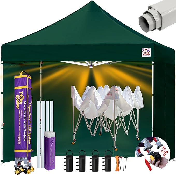Tradesparker Pop Up Tent,Commercial Movable Canopy with ApexCore LED&Rugged Casters-Instant Easy Setup Shelter Canopies with Weight Bags&Stakes for Outdoor Events(10x10,with 4 Sidewalls,ForestGreen)