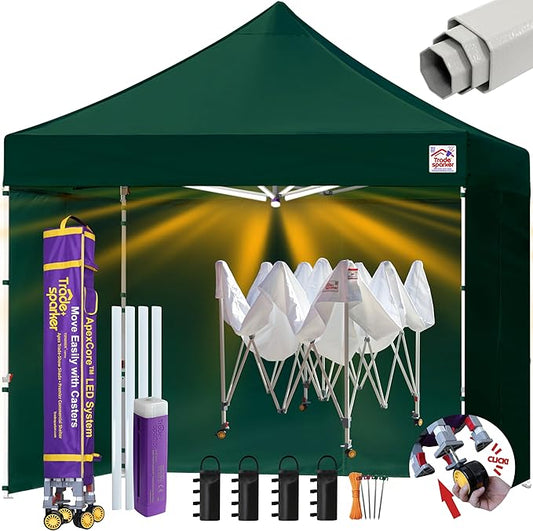 Tradesparker Pop Up Tent,Commercial Movable Canopy with ApexCore LED&Rugged Casters-Instant Easy Setup Shelter Canopies with Weight Bags&Stakes for Outdoor Events(10x10,with 4 Sidewalls,ForestGreen)