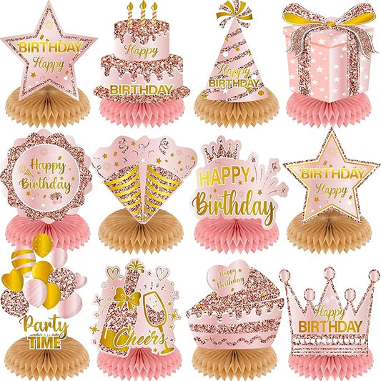 12Pcs Rose Gold Birthday Decorations Honeycomb Centerpieces for Women Girls, Rose Gold Happy Birthday Table Centerpieces for Kids Adult Birthday Table Topper Sign Decor Supplies