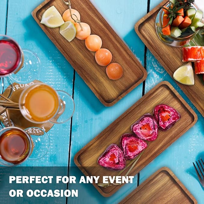 Wooden Serving Platter, 11.8 x 5.1 Inch, Set of 3, Acacia Wood Tray, Perfect for Serving Charcuterie, Desserts, Dips, Sushi, Parties, Family Gatherings, Weddings, and Home Decor, by GNIEMCKIN.