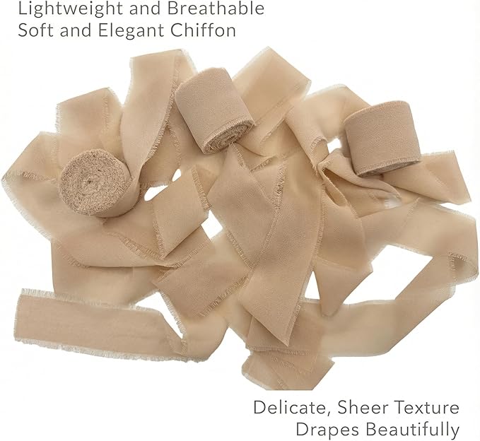Handmade Chiffon Ribbon 1.5 Inch Wide, 3 Rolls 21 Yards, Neutral Frayed Edge Ribbon for Wedding Styling, Bouquets, Invitations & Craft Projects (Light Nude)
