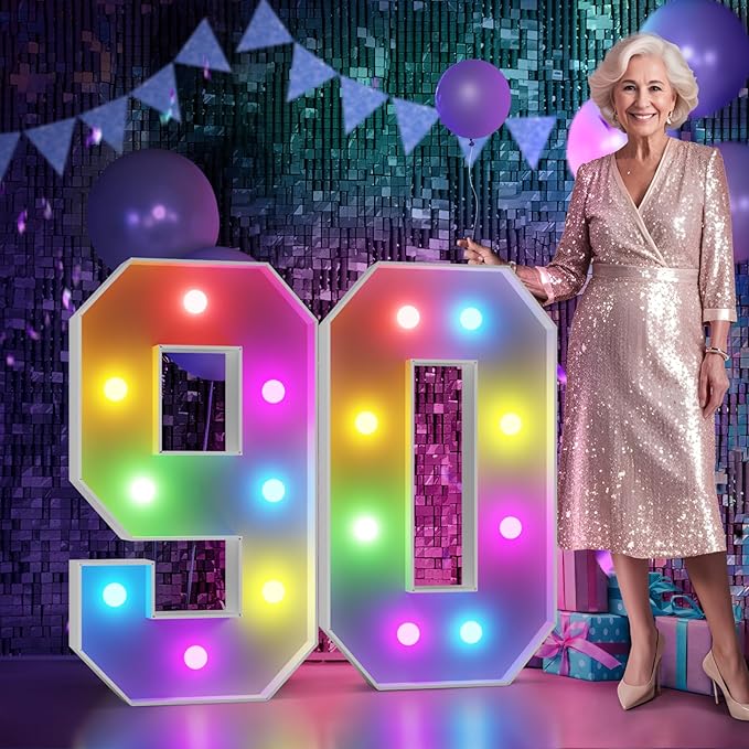 Marquee Numbers 90th Birthday Decoration: Colorful 3FT Large Light Up 90 Year Old Birthday Decorations Anniversary Backdrop Cardboard Sign 18 Colors Number 90 Mosaic Balloon Frame
