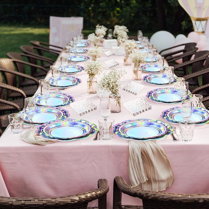 144 Pcs 48 Guests Iridescent Party Plates and Napkins Iridescent Disposable Rainbow Holographic Paper Plates and Napkins for Mermaid Bridal Shower Wedding Birthday Decorations Party Supplies