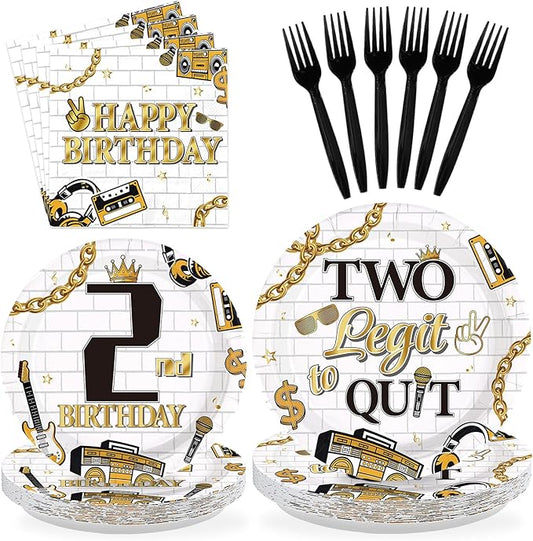 96Pcs Two Legit Quit Birthday Decorations Hip Hop 2nd Birthday Plates and Napkins Gold Black Rapper Theme Decorations for Kids Retro 90s Hiphop Two Years Old Bday Party Supplies Serves 24