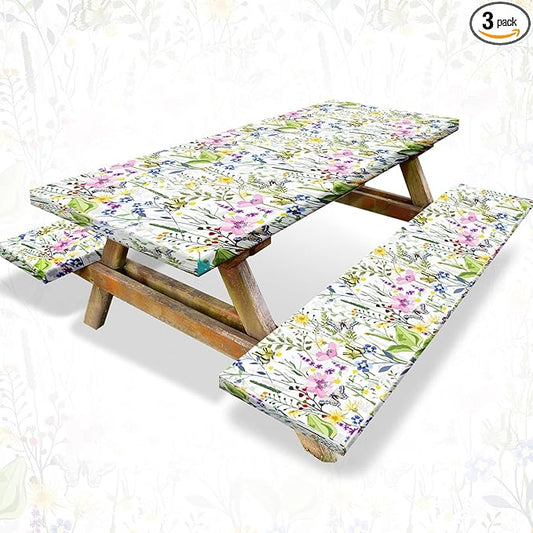 Boao 3 Pcs Vinyl Picnic Table Cover with Bench Cover 6 ft 30 x 72 Inch Waterproof Fitted Tablecloth Flannel Backing Rectangular Elastic Edged for Camping Outdoor Patio Travel(Wildflower)