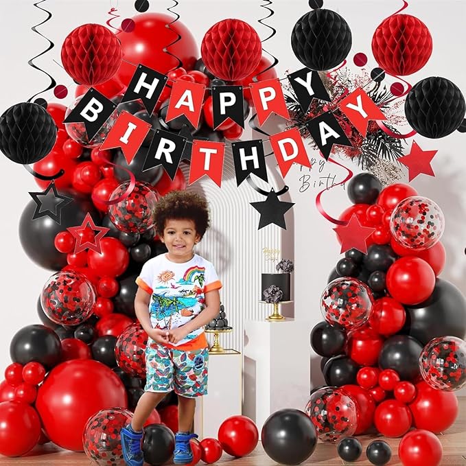 Red and Black Birthday Decorations, Black Happy Birthday Banner, Red Happy Birthday Decorations for Men Women and Girls Birthday Party Decorations