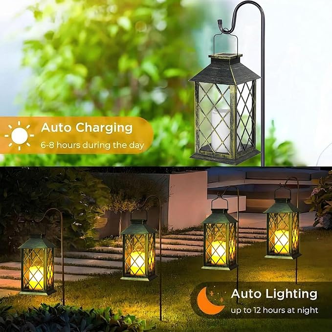 Yowin Solar Lanterns Outdoor Waterproof 2 Pack 14" Large Tempered Glass Hanging Solar Lantern with Flameless Candle, Garden Gifts, Table Lamp for Wall Balcony Patio Vintage Decorations - Bronze