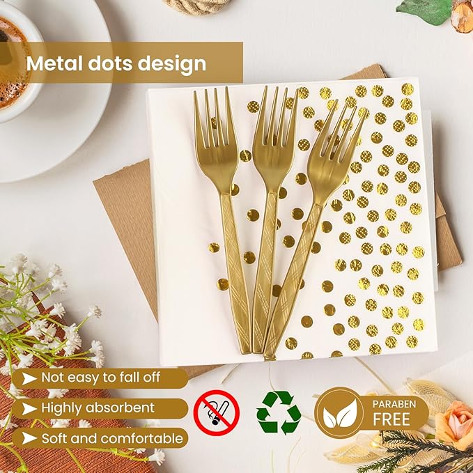 96PCS White and Gold Plates and Napkins Party Supplies, Gold Dot Disposable Party Paper Plates and Napkins with Forks Tableware Set for Wedding Baby Shower Birthday Party Decorations 24 Guests
