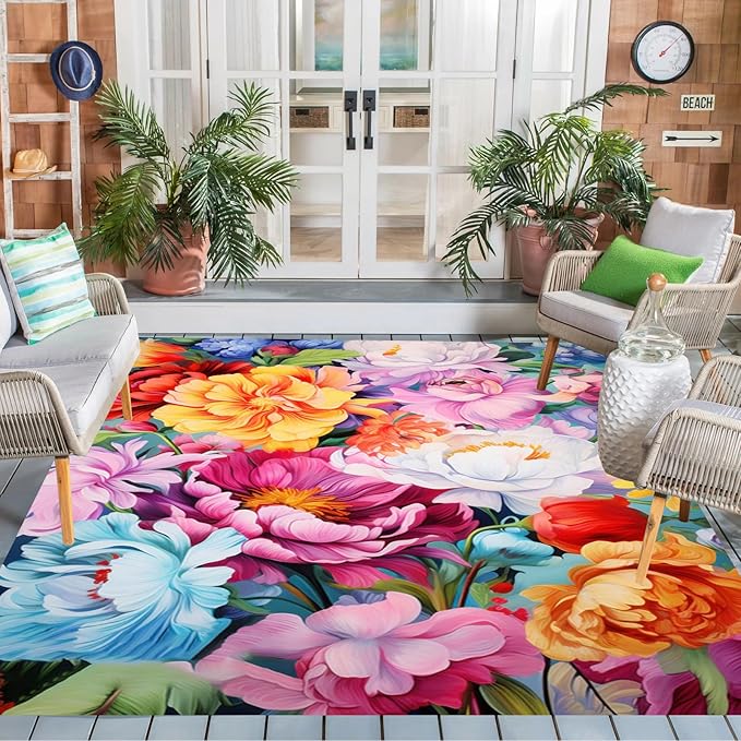 Floral Outdoor Rug Vibrant Waterproof Non Slip Patio Rugs for Balcony Garden Camping Poolside 7x12 Machine Washable Porch Deck Flower Print Outside Carpet Vintage Bathmat Orange Pink
