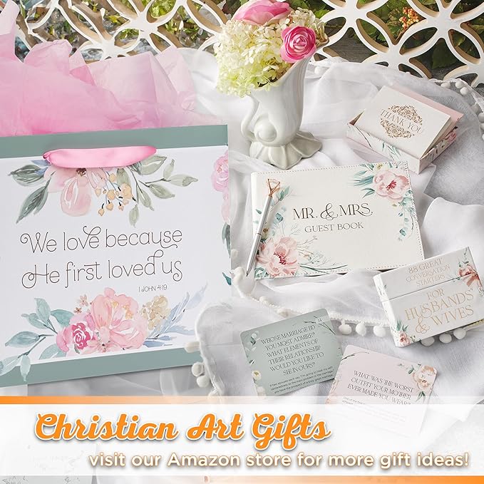Christian Art Gifts Large Landscape Scripture Gift Bag w/Blank Greeting Card & Wrapping Tissue Paper Set: He First Loved Us Inspirational Bible Verse, Beautiful Floral Design w/Gold for Birthdays,