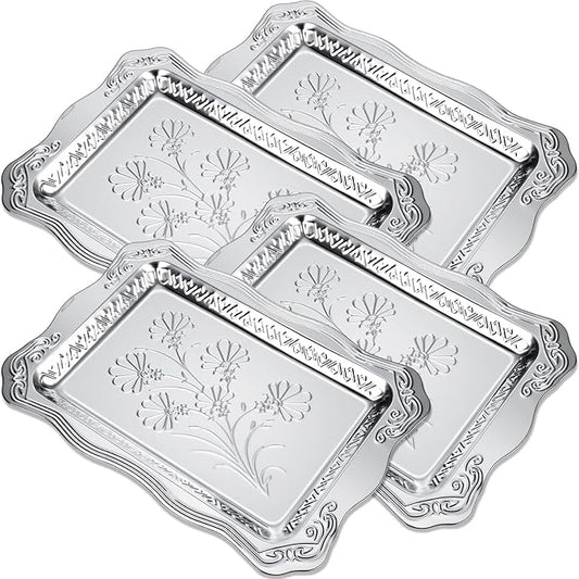 4 Pack 18.9" x 12.8" Large Silver Serving Trays for Dessert Table Stainless Steel Silver Platters Floral Engraved Mirror Serving Platters for Wedding, Cookies, Desserts, Party Food Display