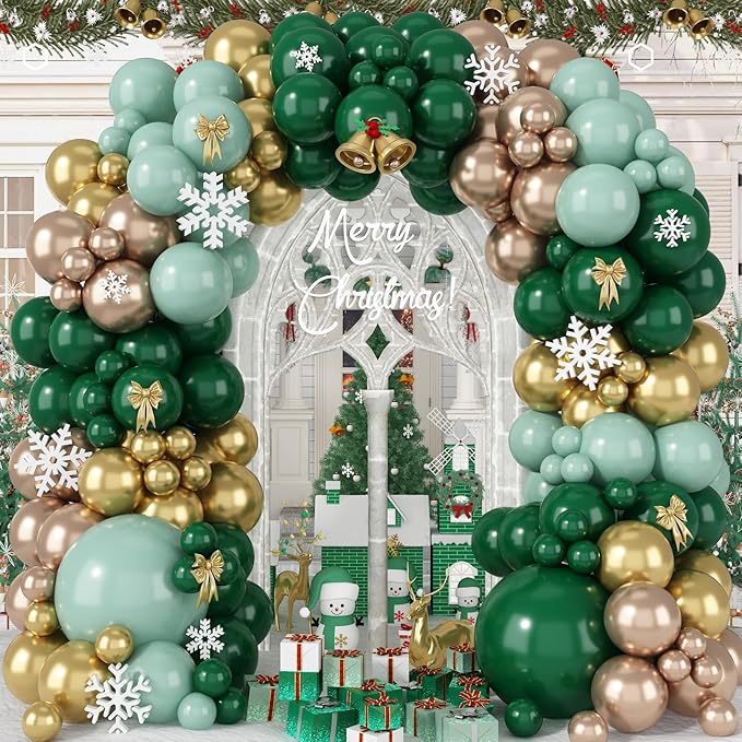 HILAVO Christmas Balloon Arch Kit Green and Gold Balloon Garland Emerald Forest Hunter Dark Green Sage Champagne Gold Metallic Party Balloon for Xmas Ugly Sweater Friendsmas Holiday Party Decoration