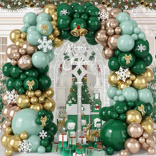 HILAVO Christmas Balloon Arch Kit Green and Gold Balloon Garland Emerald Forest Hunter Dark Green Sage Champagne Gold Metallic Party Balloon for Xmas Ugly Sweater Friendsmas Holiday Party Decoration