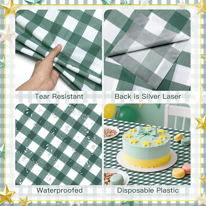1 Pack Sage Green Striped Gingham Tablecloths, 54 x 108 Inch Disposable Plastic Rectangle Table Covers, Waterproof Checkered Sage Green Table Cloths for Picnic, Birthday, Party, Outdoor Events