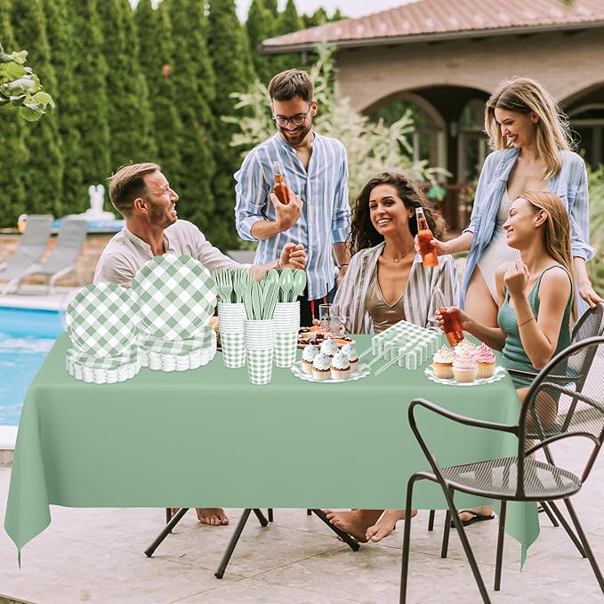 QISOLIY 350Pcs Green Gingham Party Supplies Gingham Plates and Napkins, Green and White Checkered Disposable Plates Set for Dinner Birthday Baby Shower Wedding Picnic Supplies Serve 50 Guest